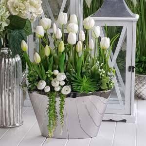 Kompozycja Zuma białe tulipany donica silver XL