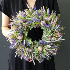 Wianek na drzwi kominek dekoracja na stół Diana 35-40cm fiolety dynie