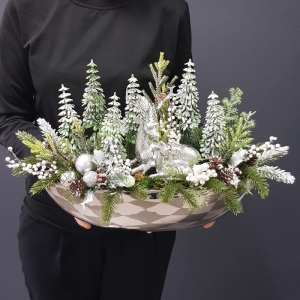 Kompozycja stroik święta renifer z dzieckiem silver Sanna 50cm