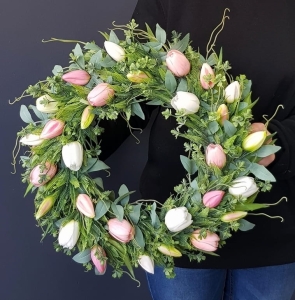 Wianek wiosenny silikonowe tulipany  Toledo 45cm biało-różowy