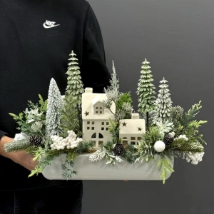 Kompozycja świąteczna zima choinka domki Dolze white 50cm
