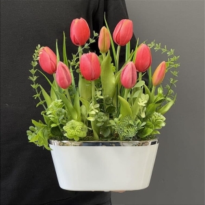Kompozycja w donicy kwiaty tulipany silikon Linda ciemny róż